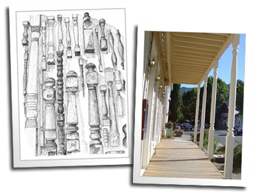 A sketch of turnings from the lathe room wall and custom columns for the Hopland Inn