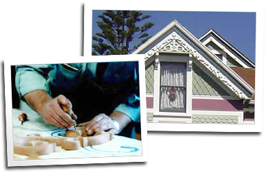 A close up of Eric carving, plus a custom gable for a home in Alameda