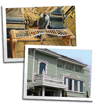 A custom wood spandrel on the shop floor and custom gingerbread on a home in San Francisco